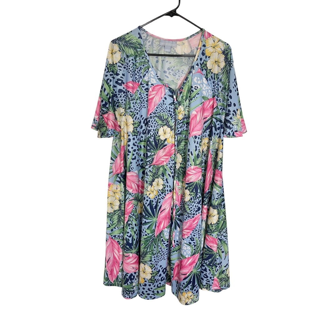 Only Necessities L 18/20 Blue Tropical Leopard Print Sleep Dress Short Sleeve